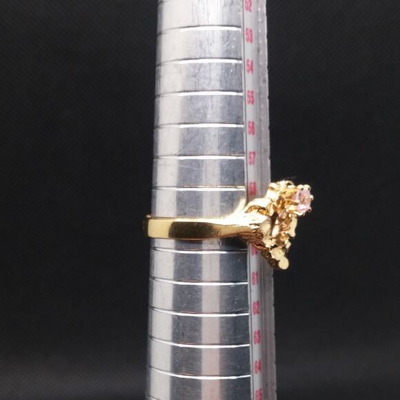 Vintage Open Heart Ring Pink Faceted CZ Stone Gold Nugget Ring Rare Art Nouveau - Picture 12 of 16
